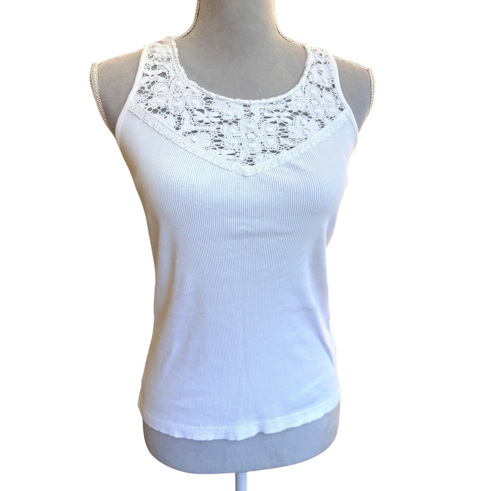 Lauren Ralph Lauren White Ribbed Layering Tank Top S Cotton Lace Yoke Feminine